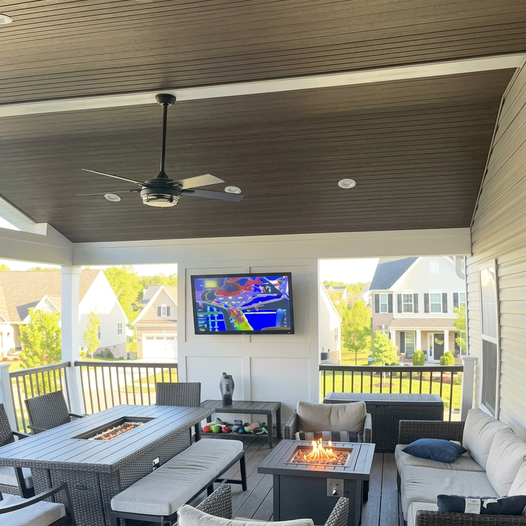 Covered porch with shiplap ceiling, TV and lounge seating