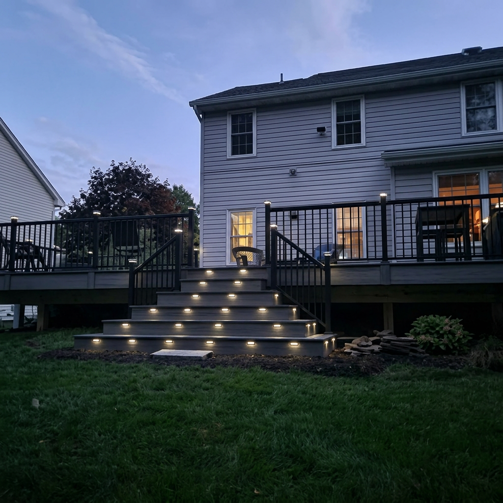 Backyard deck with illuminated stair lighting at dusk