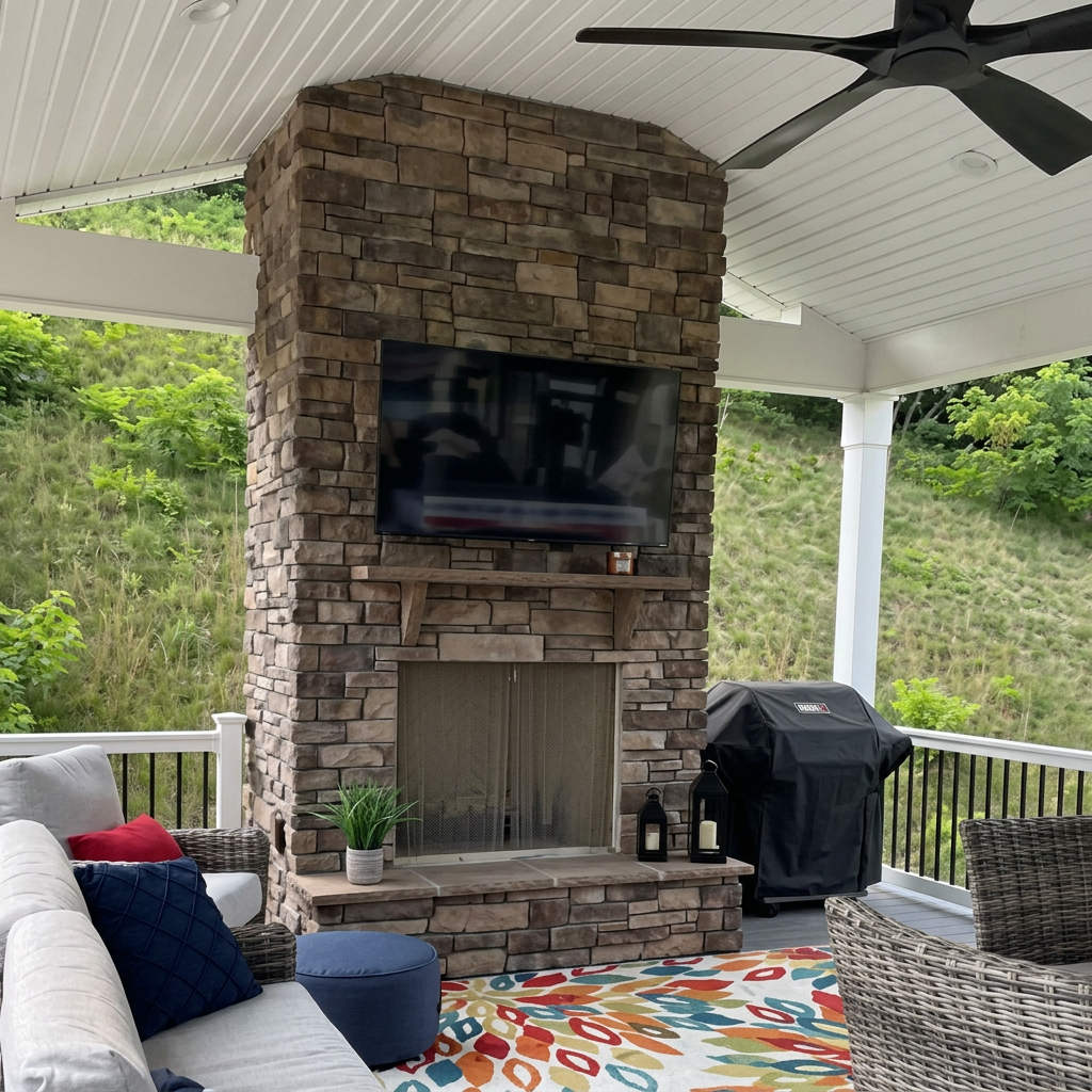 Backyard deck with pergola and outdoor seating