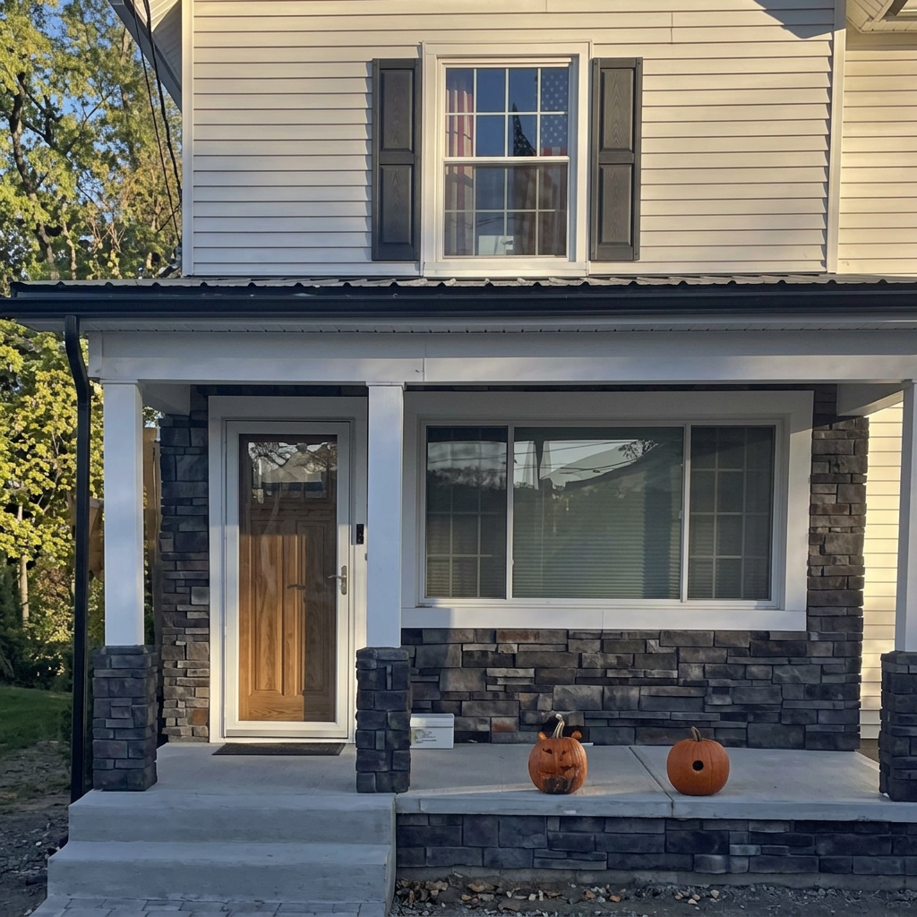 Stone-accented front porch with new columns