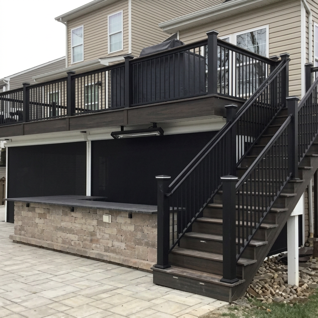 Black-railed deck with under-deck patio kitchen